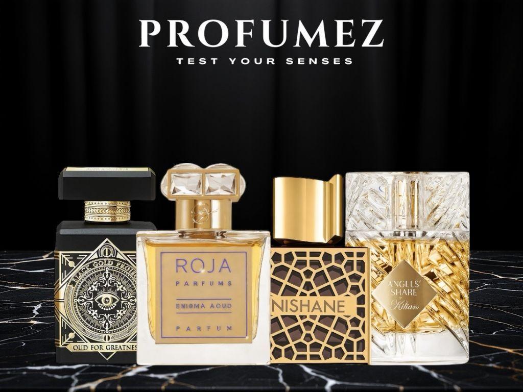 מארז דוגמיות בשמים יוקרתי הכולל את Angel’s Share by Kilian, Enigma Aoud של Roja, Oud For Greatness Initio ו-Nishane Ani – זמין באתר Profumez