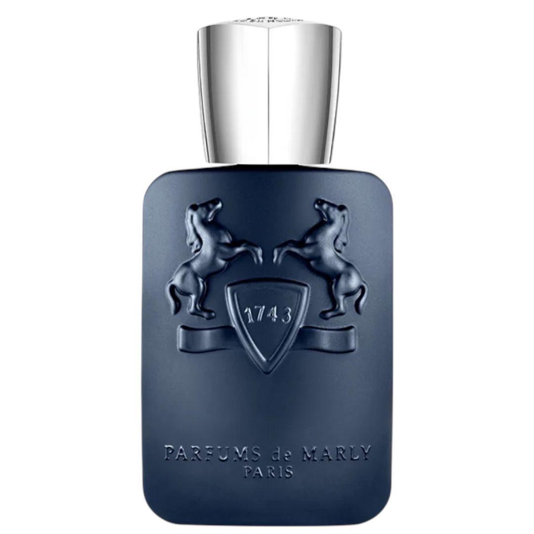 בקבוק בושם לייטון פרפיומס דה מארלי בעיצוב כחול עם פקק בצבע כסף - דוגמיות למכירה- layton