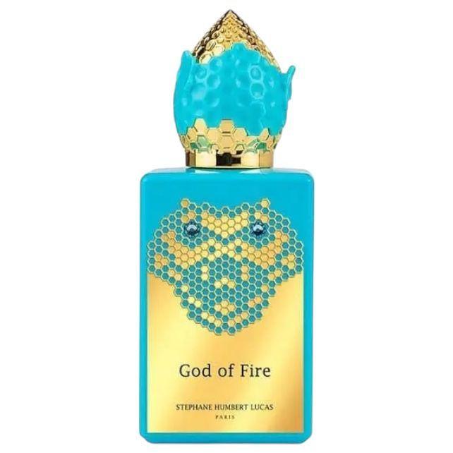 בקבוק בושם גוד אוף פייר מאת חברת סטפן המברט לוקאס בעיצוב כחול ומוזהב עם ציור של נחש- דוגמיות למכירה